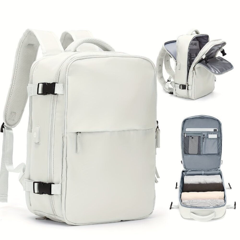 White Waterproof Travel Backpack 15” Laptop Carry-On USB Travel Bag